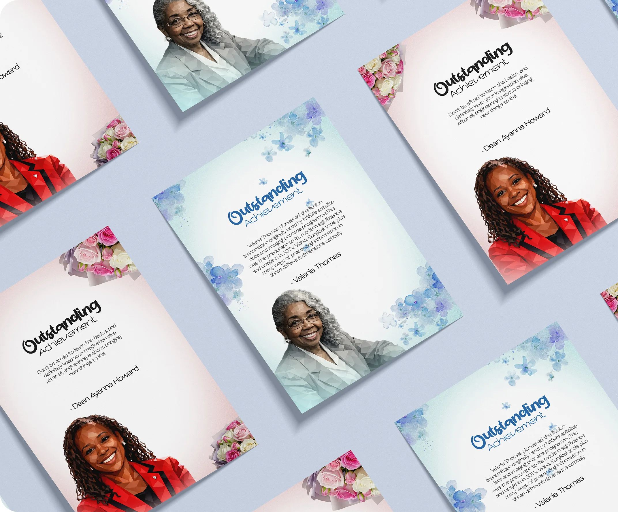 Outstanding Achievement cards featuring illustrated portraits of women in tech